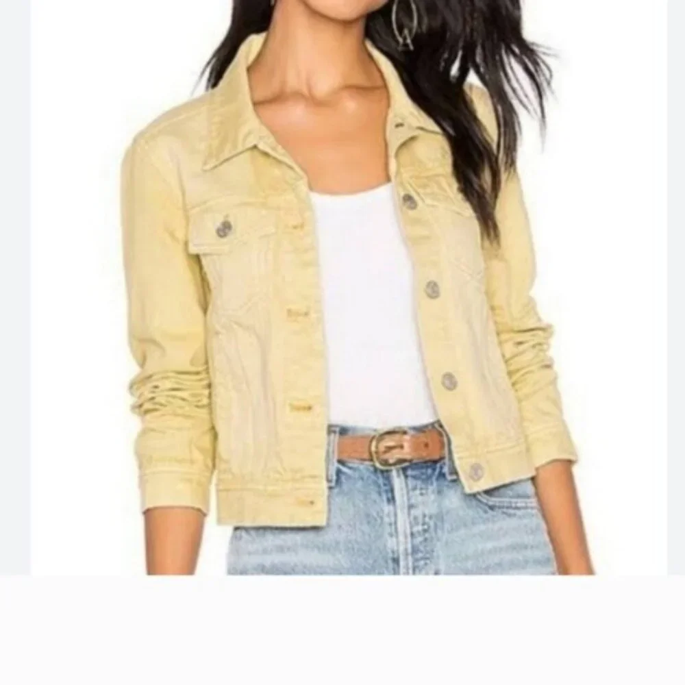 Free People Cotton Yellow Mustard  Distressed  Denim Jean Jacket Sz 8 Boho - Picture 5 of 5